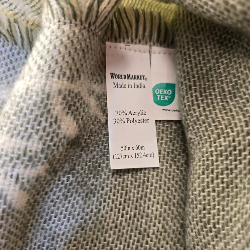NWOT World Market Pine Tree Woven Throw Blanket Green Cream Fringe 50x60 OEKO-TE